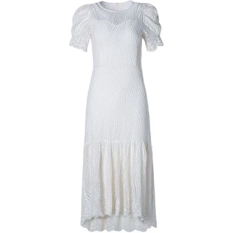 Robe Mi-Longue en Dentelle Blanche à Manches Courtes, Vêtement à la Mode, Super Dégradé, Nouvelle Collection Été 2024