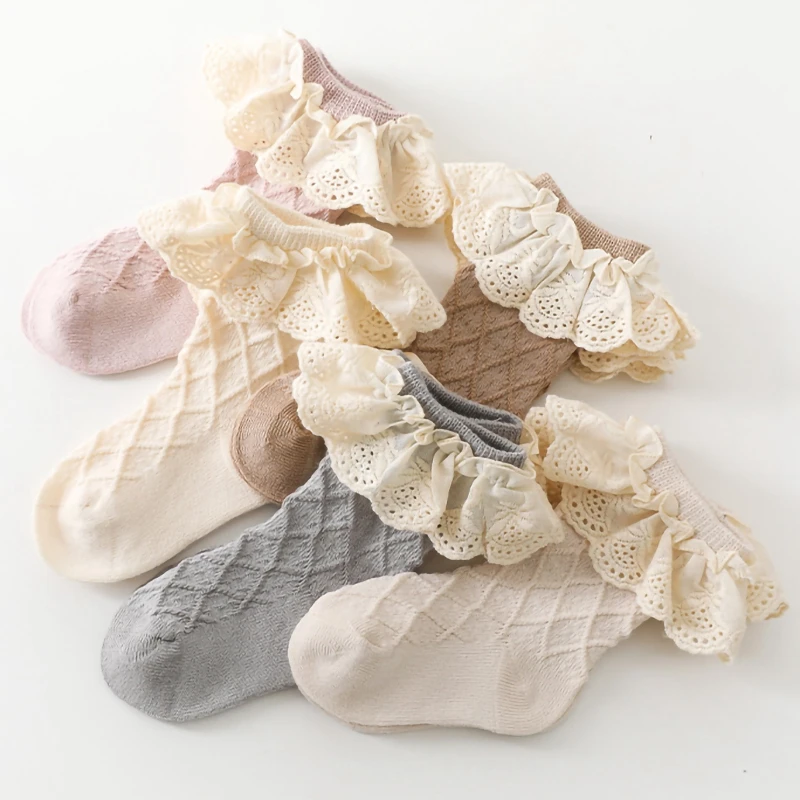 Girl Socks Fashion Newborn Toddlers Girls Ruffled Socks Frilly Cotton Ankle Socks with Lacework Decoration 0-3 Year