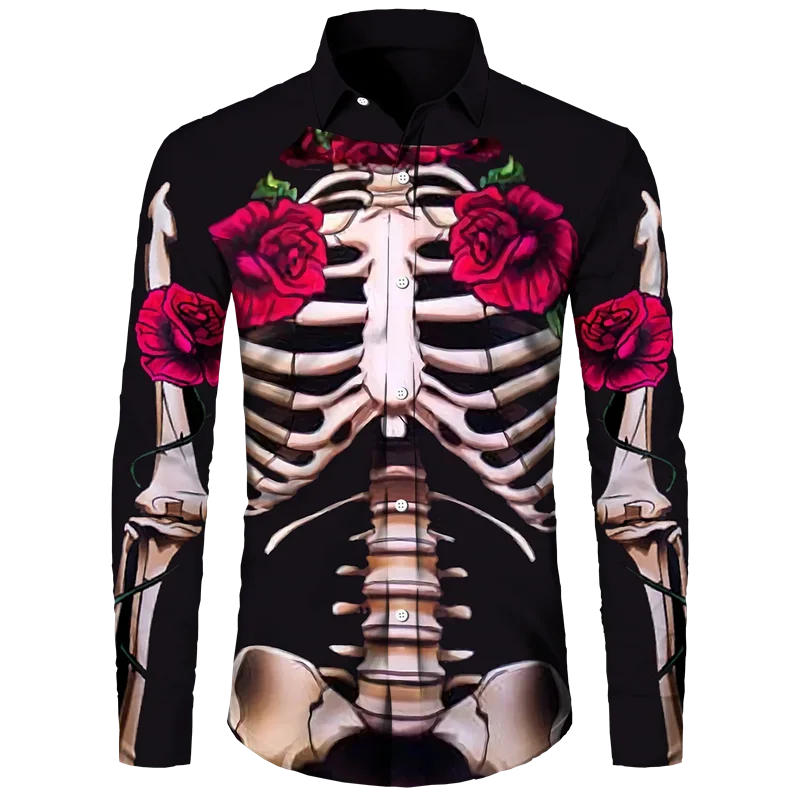 Funny 3D Printed Skeleton Button Shirt For Men Women Carnival Halloween Cosplay Long Sleeve Tops Unisex Streetwear Clothes Male