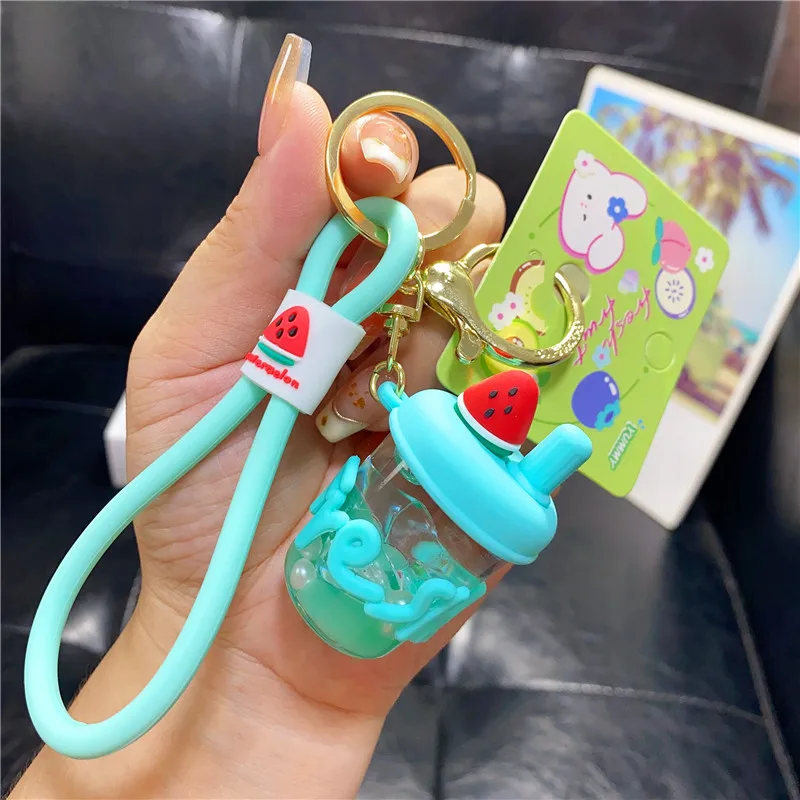 Creative In Oil Fruit Avocado Watermelon Milk Tea Cup Key Chain Cute Liquid Quicksand Blueberry Floating Ice Pendant Keychain