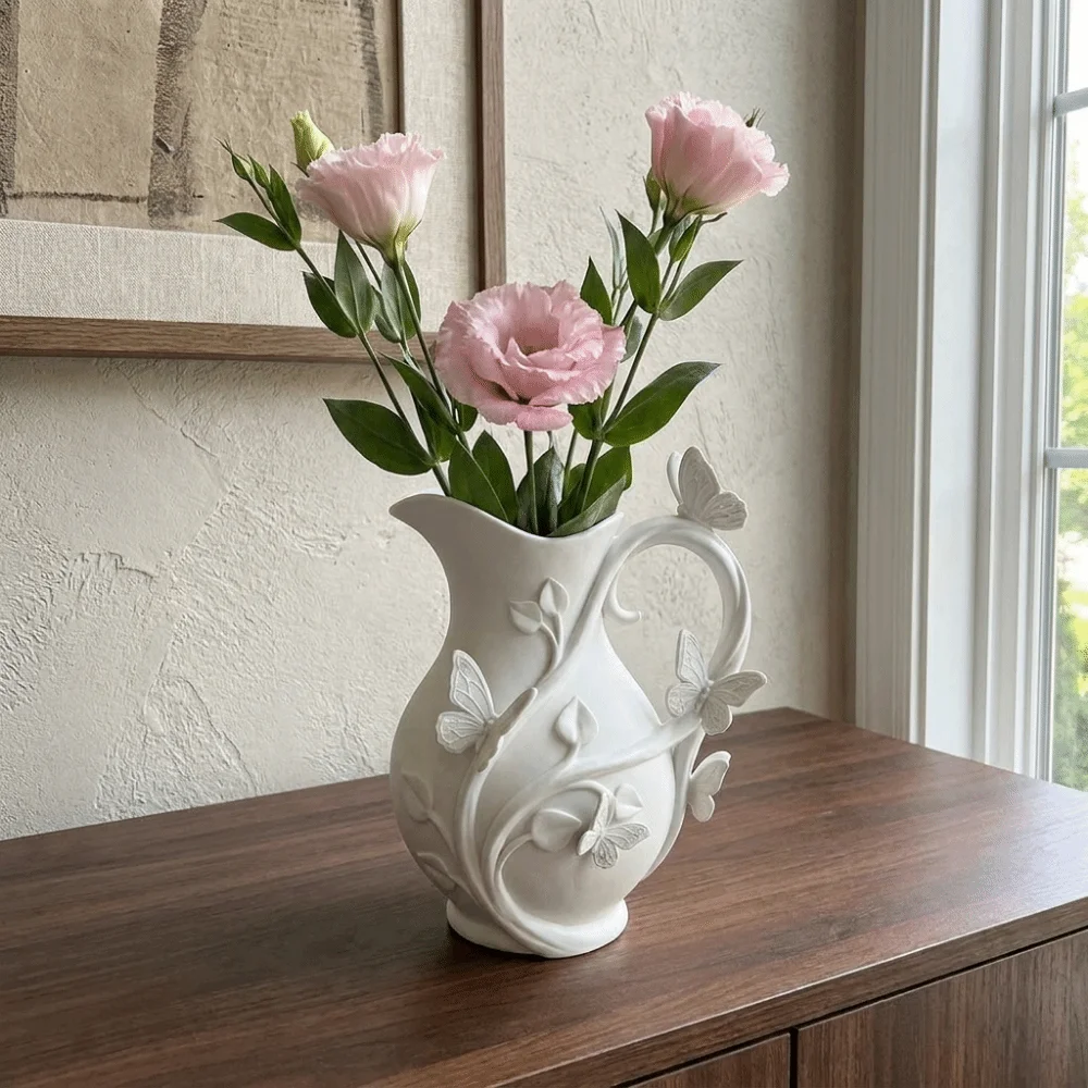 Vintage 3D Butterfly Relief Vase Decorative with Handle Pitcher‑Shaped Flower Vase Matte Finish Dried Flower Vase Wedding Decor