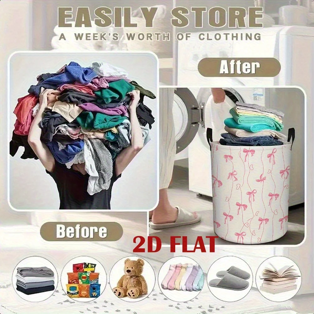 Pink Bow Heart Patterned Dirty Laundry Basket Made of Polyester, Ideal for Storage Portable And Foldable Large Capacity - view 5
