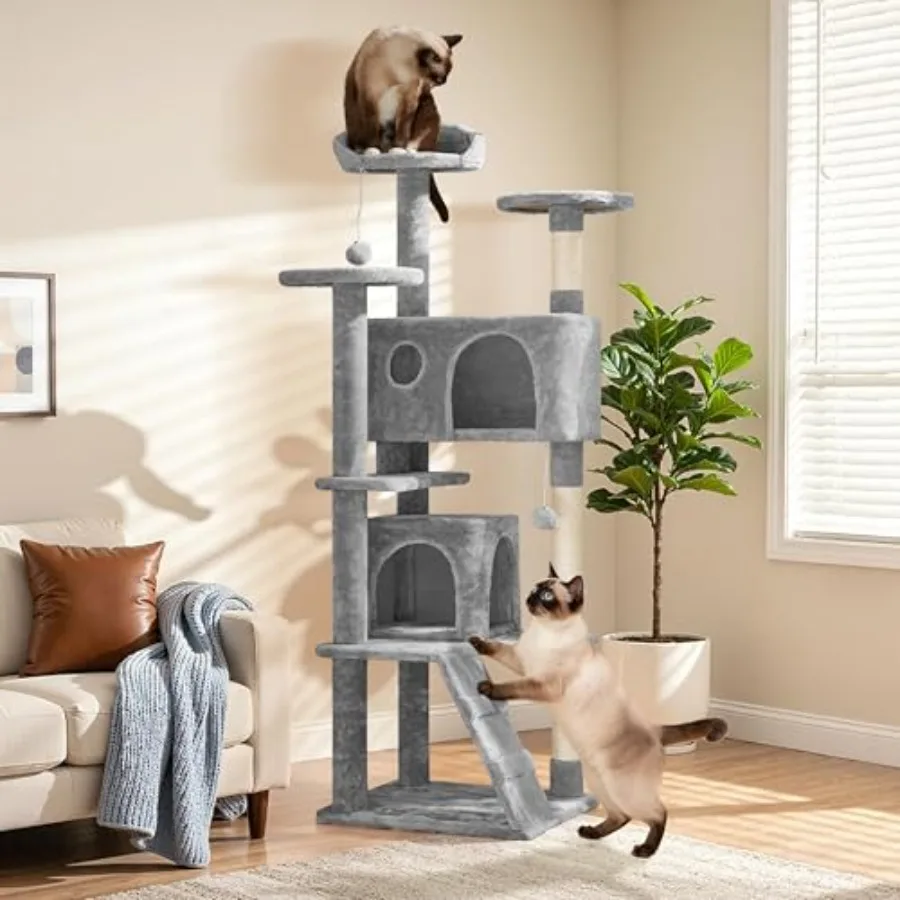 Cat Tree Tower, Double Condo, Multi Platforms, Scratch Posts Multi-level layout, plush balls, easy assembly, anti-wobble base,