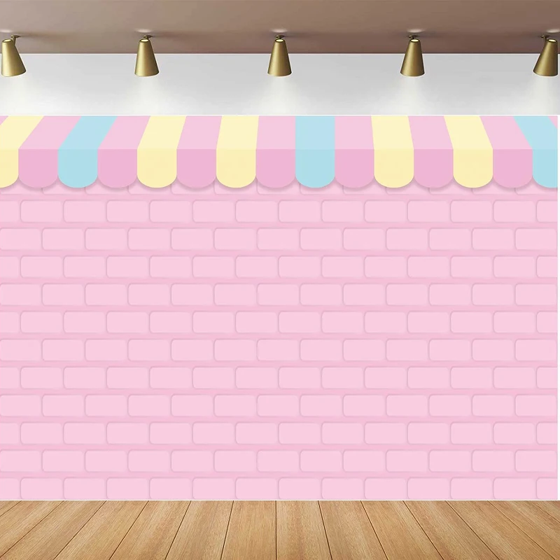 Pink Brick Wall Ice Cream Shop Photography Backdrop Birthday Party Girl Shower Decor Background Photo Booth Cake Table Poster