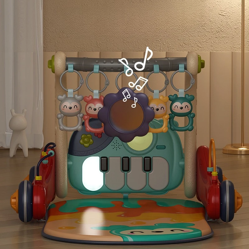 مشاية أطفال بتصميم مضاد للطرف، لعبة مشاية تعليمية 5 في 1 مع عربة دفع، صالة الألعاب الرياضية والبيانو، مساعدة المشي الأولى للرضع