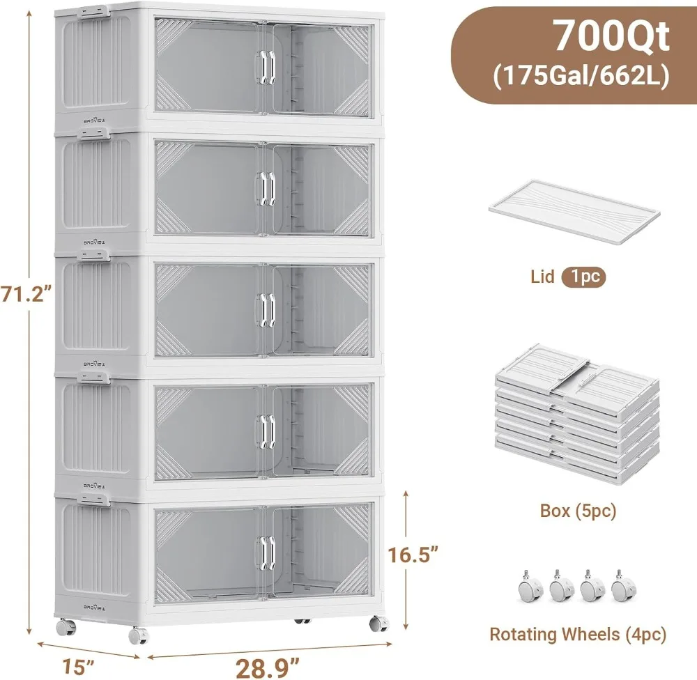 700QT Plastic Stackable Storage Bins with Lid,5 Pack,175Gal Extra Large Closet Organizers Collapsible Cabinets Boxes With Drawer