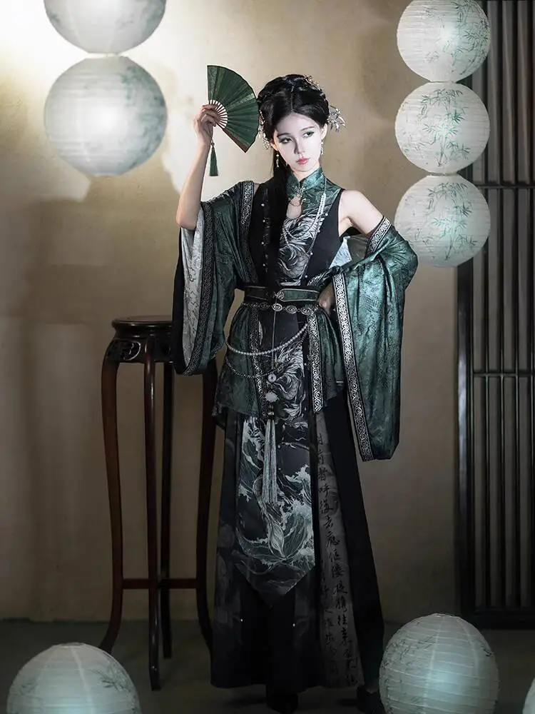 

New Improve Han Elements Song Pants Guofeng Tops Blackish Green Outer Shirt Hanfu Women Fiesta Carnival Halloween Cos Cosplay