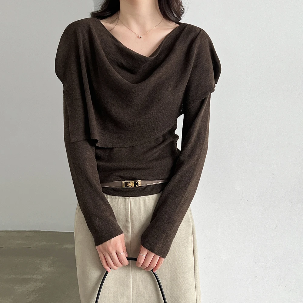 TWOTWINSTYLE Draped Spliced Shawl Slimming Set for Women Round Collar Long Sleeve Pullover Solid Casual Two Piece Sets Female