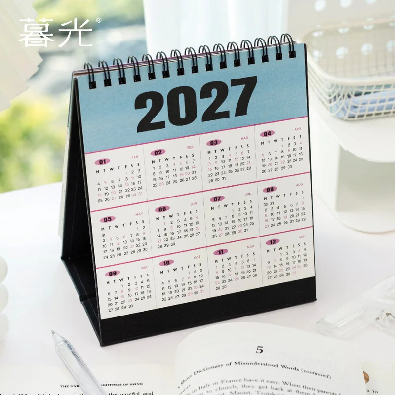 17Pcs 2027 White Kraft Paper Desk Calendar, Retro Color Block Spiral Binding Table Calendar Stationery