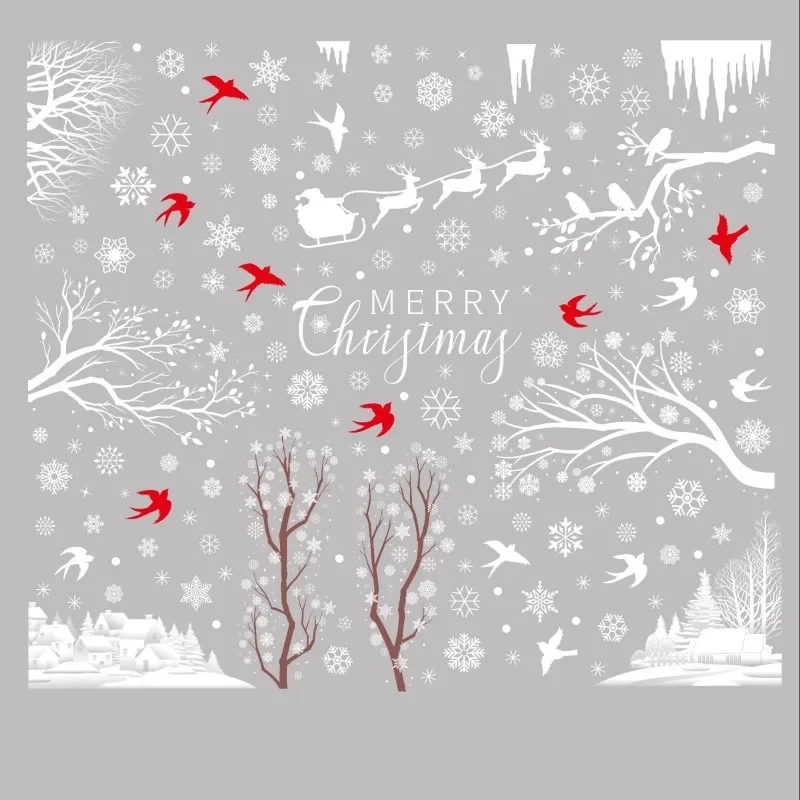 2026 Christmas White Snowflake Branch Window Sticker Forest Snow Scenery New Year Door Sticker Merry Christma Decor