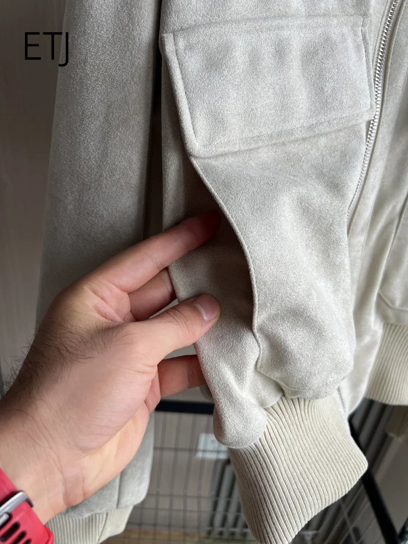 ETJ 2026 Damen Kunstwildlederjacke, kurze Fliegerjacke mit geripptem Saum, Cargotaschen, Reißverschluss, Stehkragen, Vintage-Herbstjacke – Detail 13