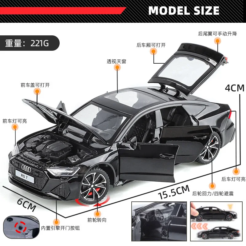 Modello di auto in lega 1/32Audi RS7 auto sportiva suono e luce tirare indietro giocattolo per bambini modello audio ornamento