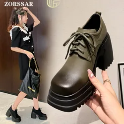 Genuine Leather Platform Loafers Women 2024 Preppy Style Lace Up Oxford Shoes Woman Black Thick Bottom High Heel Y2K Shoe Female