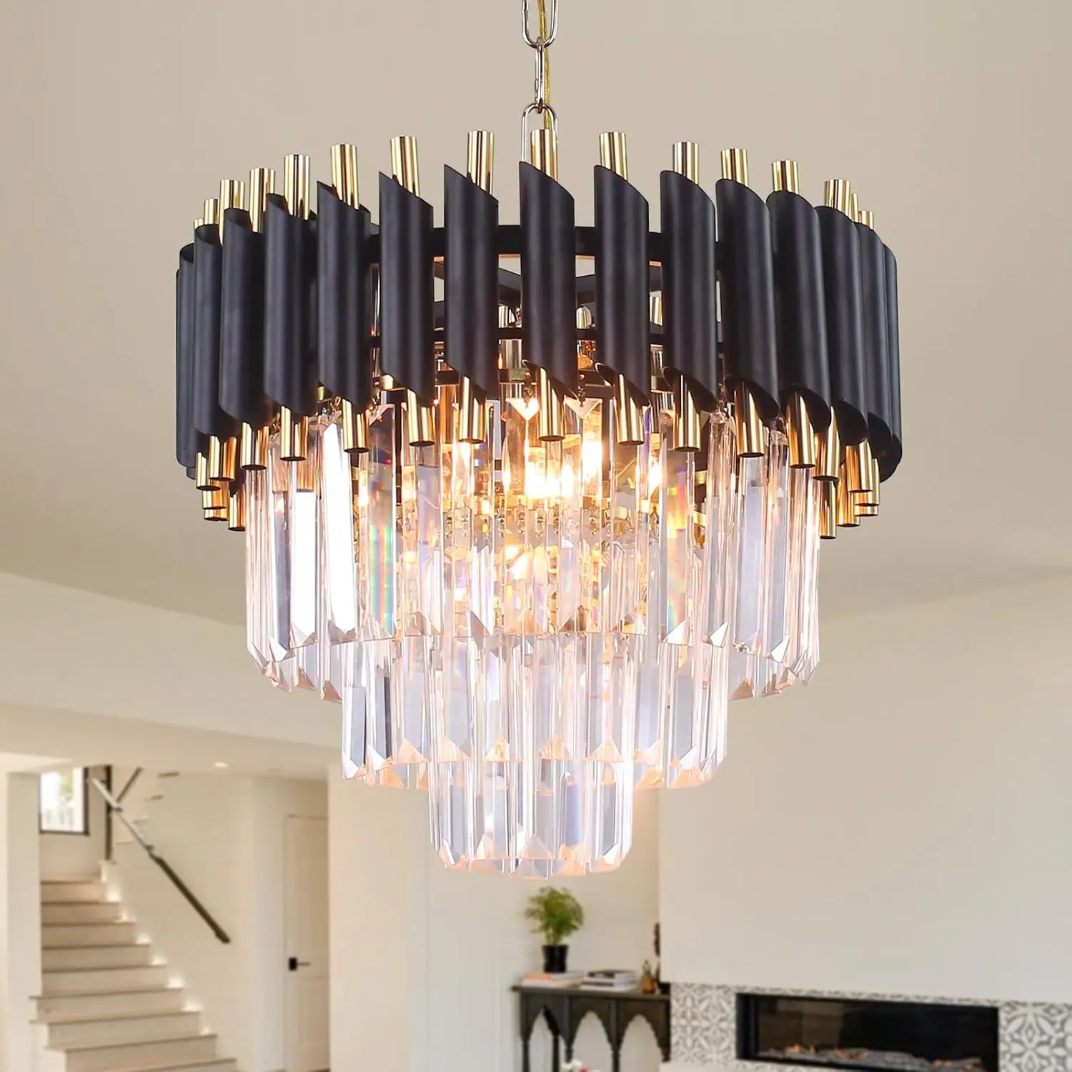 

FRIXCHUR Black & Gold Crystal Chandelier, 15.7" 3-Tier Raindrop, 5-Light E12, Height-Adjustable Modern Pendant for Dining Room,