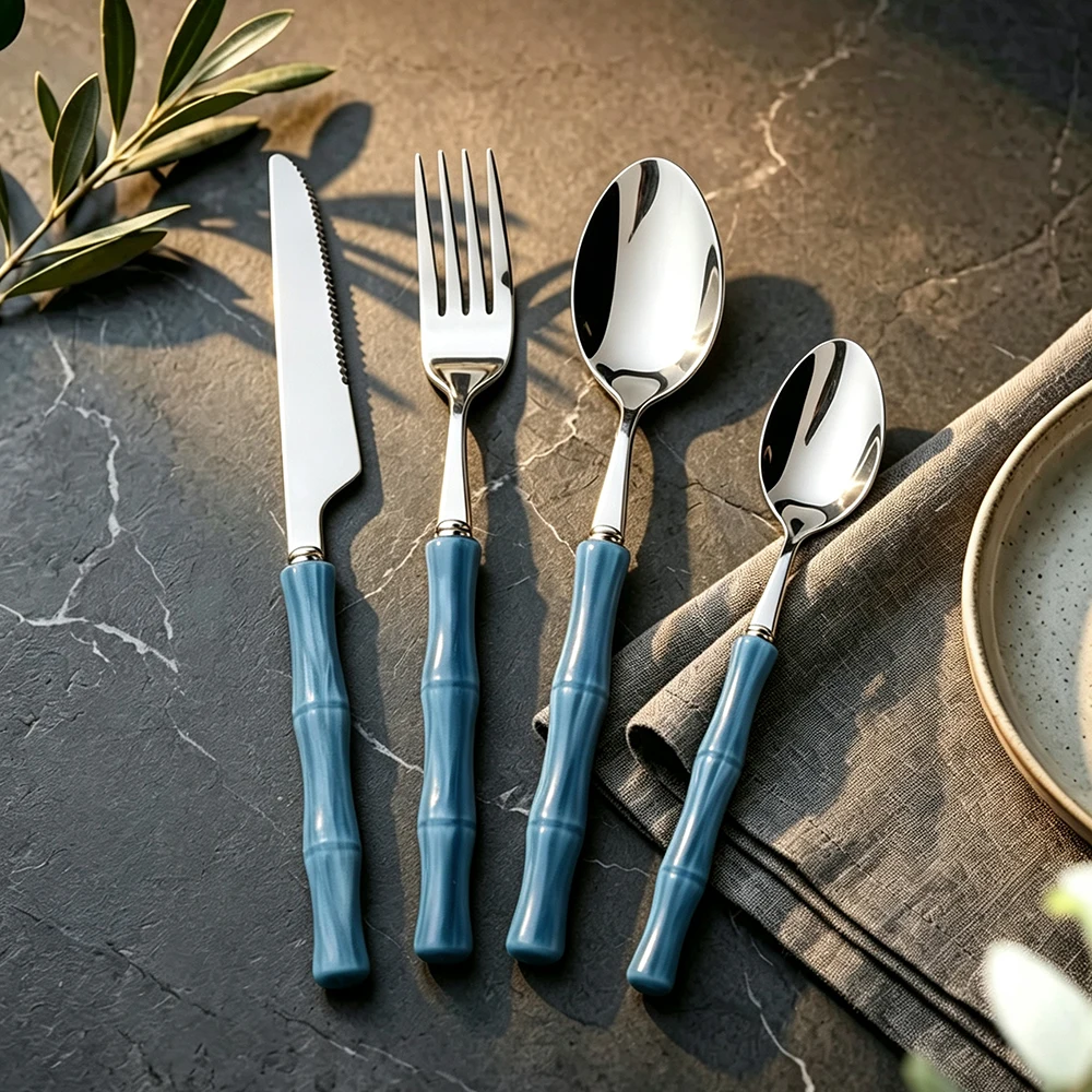 4Pcs New Resin Tableware Cutlery Bamboo Style 304 Stainless Steel 304 Blue Silver Classical Flatware Dinnerware Set