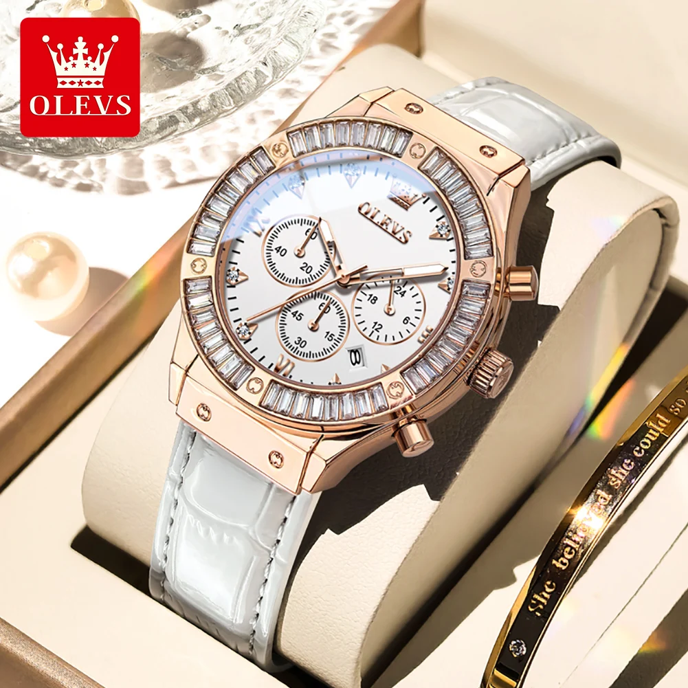 OLEVS 9978 Women Watch Original Quartz Watch Waterproof Leather Strap Multifunctional Chronograph Watch Bracelet Set Gifts Box