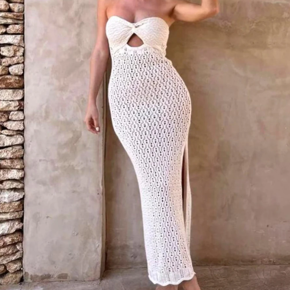 

Women Strapless Hollow Out Sheer Rib Knit Dress Summer Sleeveless Mesh Cover Up Swimsuit High Waist Backless A-line Skirt