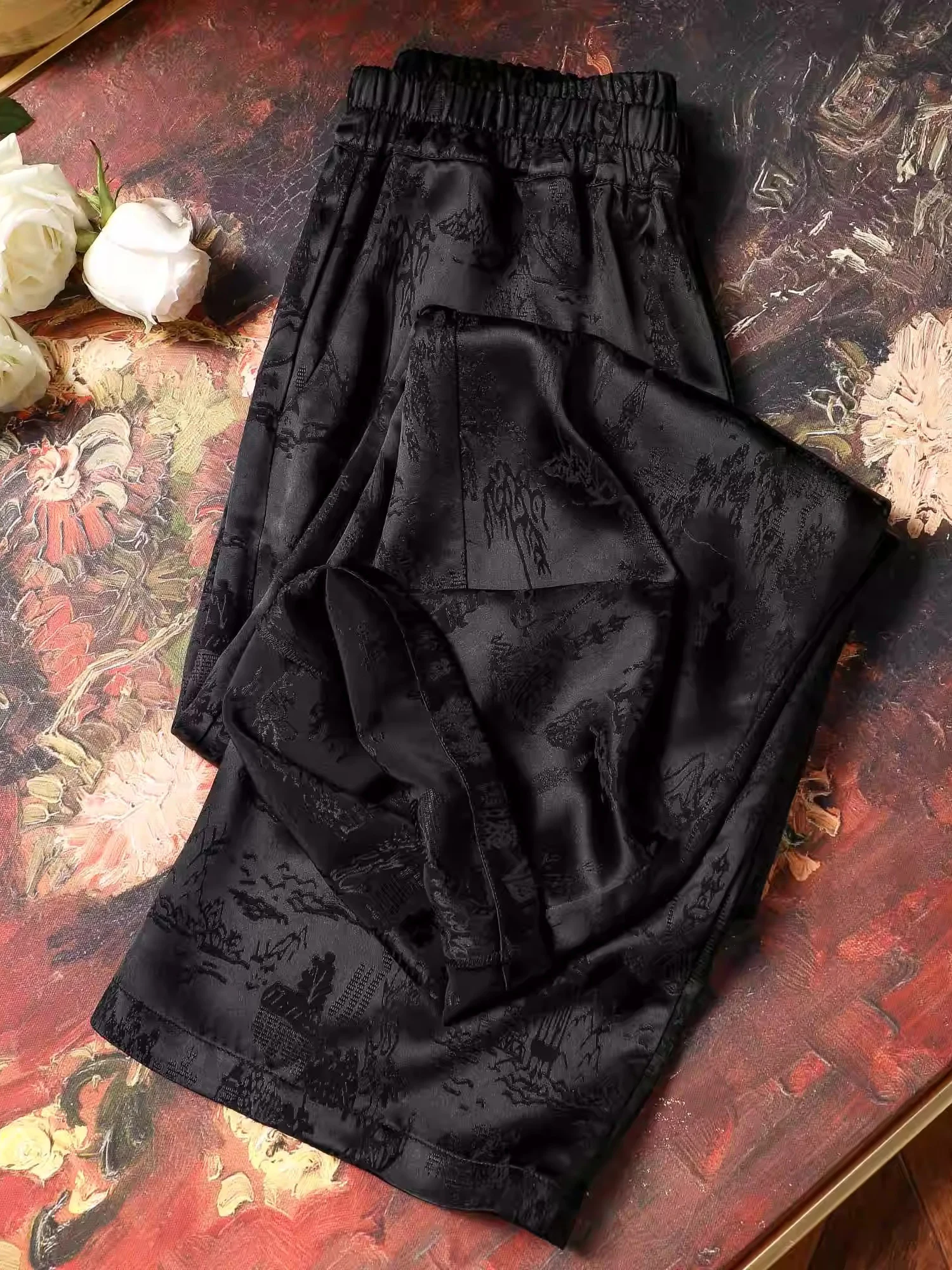 

New Chinese Sle Wide Leg Straight Tube Pants Elastic Waist Hidden Pattern Ice Sensation Casual Loose Fit Summer Cotton Blend