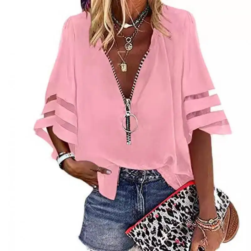 Women\'s Casual Loose V-neck Half-flat Sleeve Blouse 2025 Spring Summer Tops Streetwear Ladies Spliced ​​zipper Solid Shirts