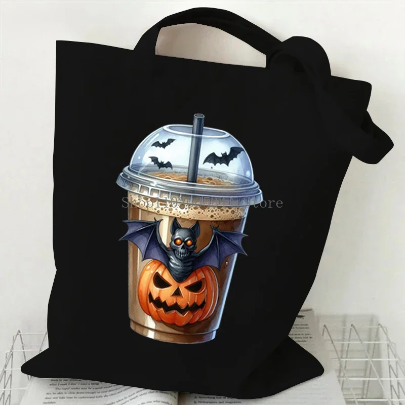 Halloween Tote Bag Pumpkin Skull Bat Bobo Tea Print Women Men Shoulder Bag Gothic Style Festival Teen Gift Women Fashion Handbag