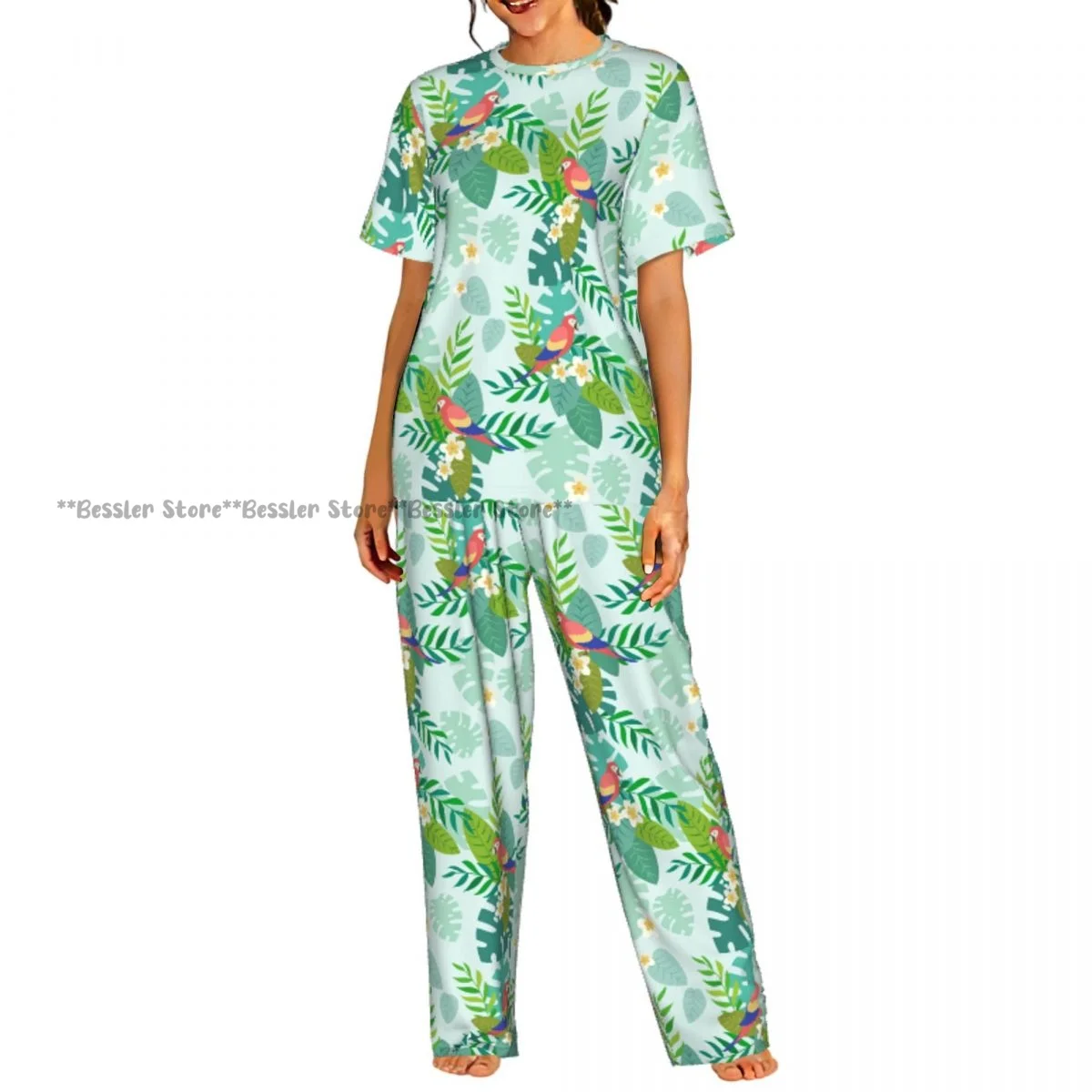 

Women Pajama Sets Lounge Sleepwear Parrots On Tropical Leaves Short Sleeve Nightwear