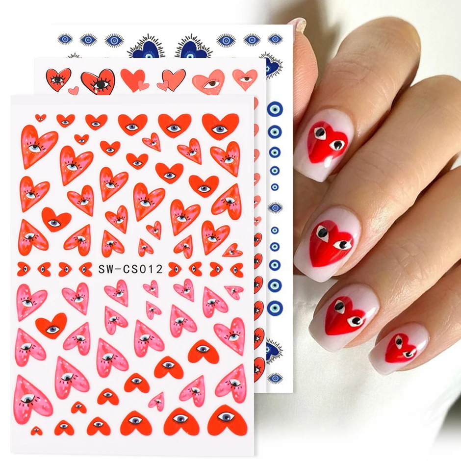 

3pcs/set 3D Heart Nail Design Blue Red Evil Eye Nail Art Decoration Sticker Press on Nails Valentine Decals Manicure Accessories
