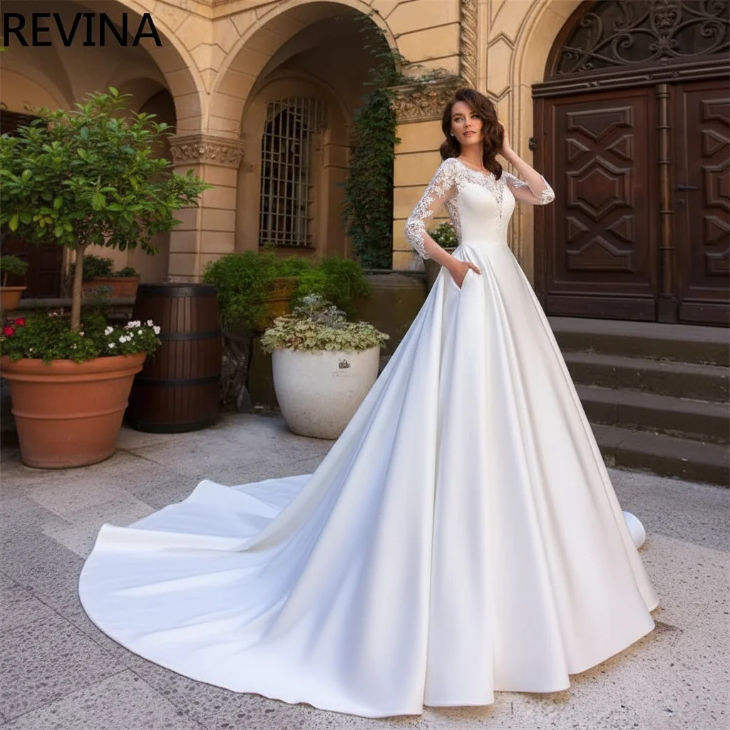 

Elegant Satin Ball Gown Wedding Dress High Neck Long Sleeve Lace Decal Backless Bridal Gown Customizable Vestidos De Novia