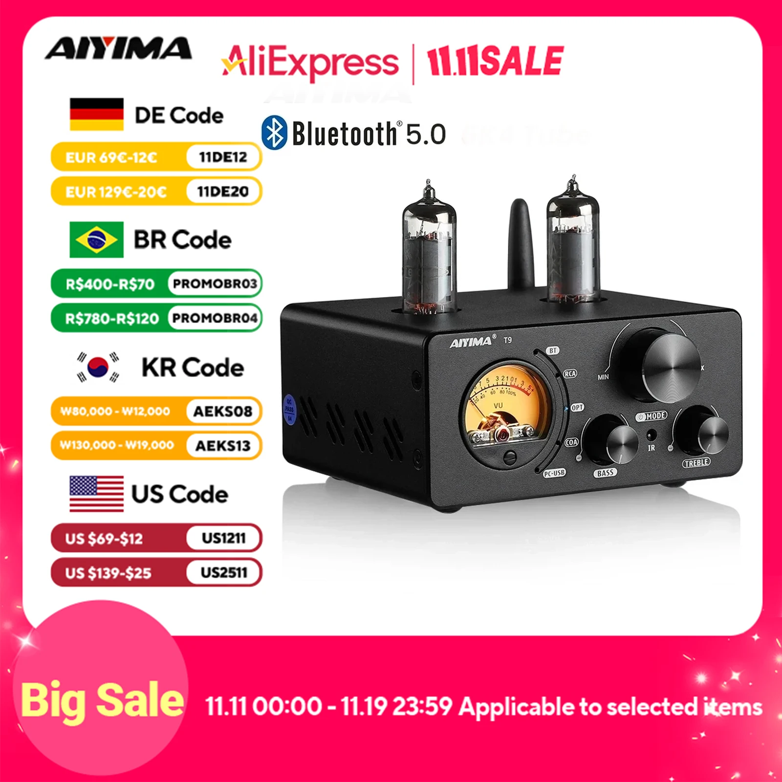 AIYIMA Audio T9 HiFi Bluetooth 5.0 Vacuum Tube Amplifier USB DAC Stereo Amplificador COAX OPT VU Meter Amplifier Speaker Amplify