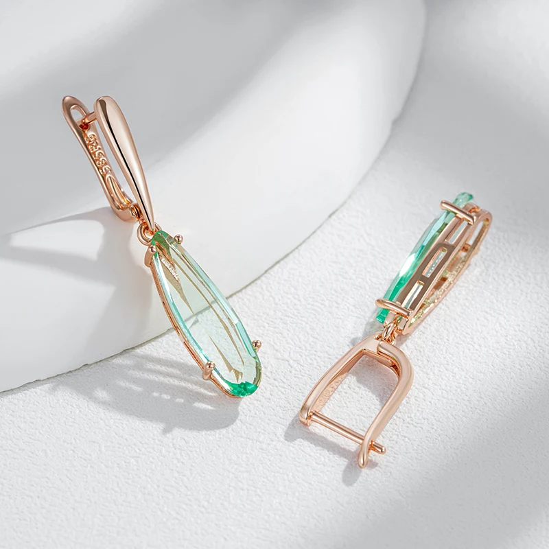 Kinel Fashion Unique Green Stone Long Drop Earrings for Women Geometry Natural Zircon 585 Rose Gold Color Daily Vintage Jewelry