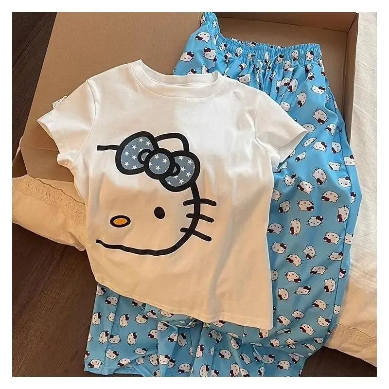 

Женский пижамный комплект Sanrio Hello Kitty, хлопковая одежда для сна, домашняя одежда больших размеров, милая летняя одежда с короткими рукавами и длинными брюками с мультяшным рисунком
