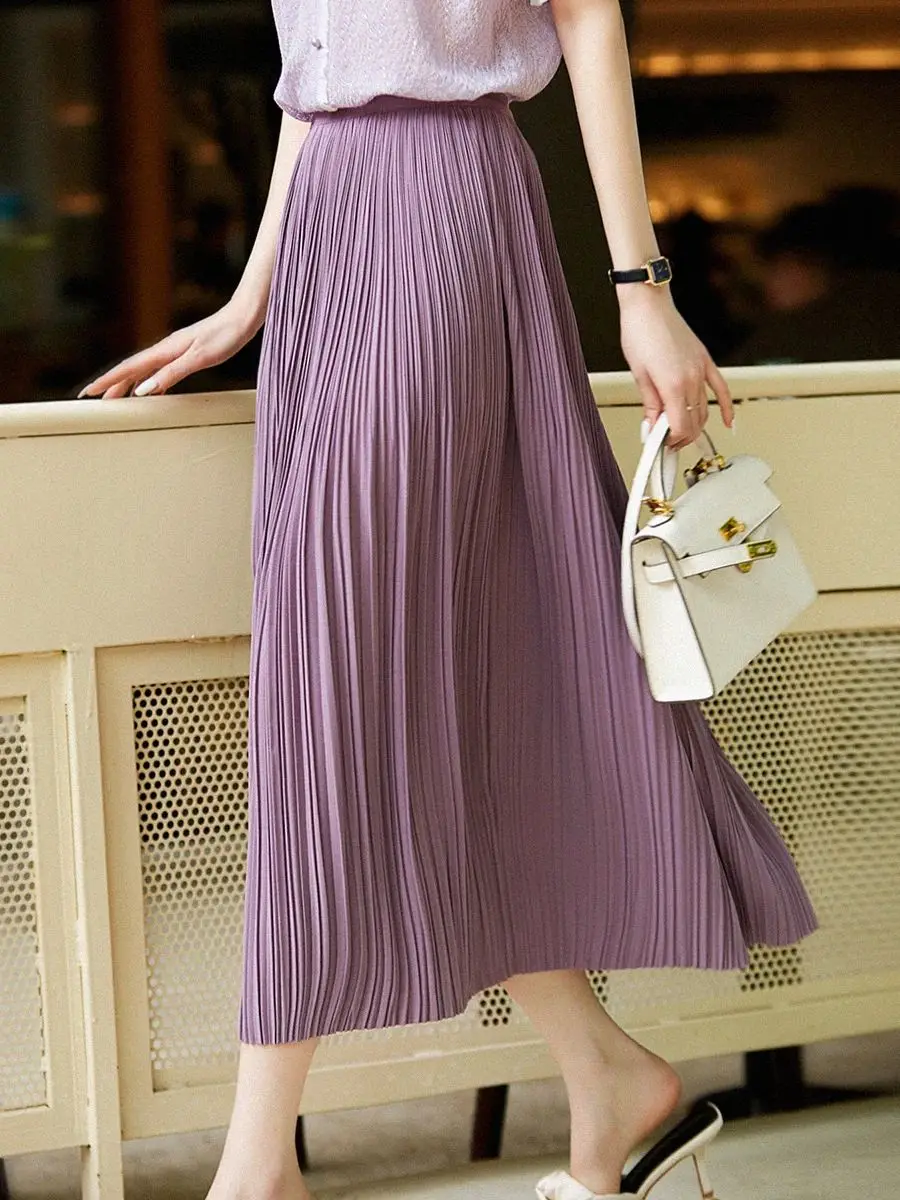 Spring Summer Women Pleated Chiffon Long Skirts Solid Color Bottom Female A Line Elasit Waist Skirt