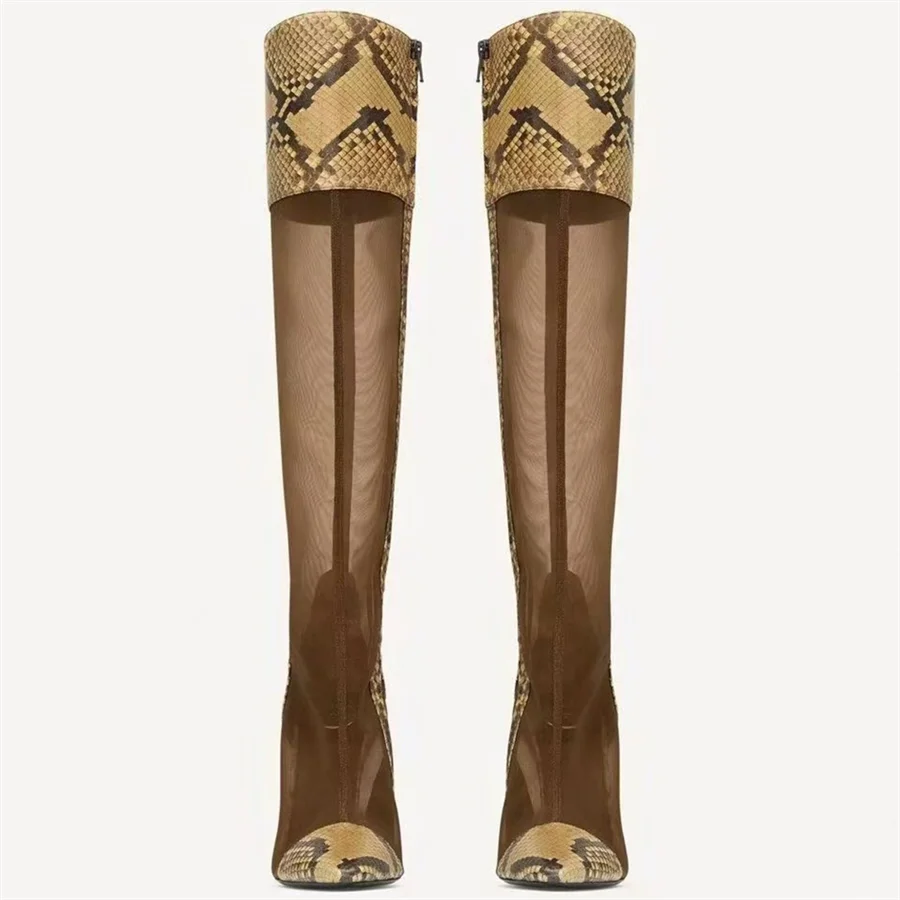 Women Snake Print Mesh Knee‑High Boots Pointed Toe Stiletto High Heel Boot Side Zipper Transparent Party Club Fashion Long Boots