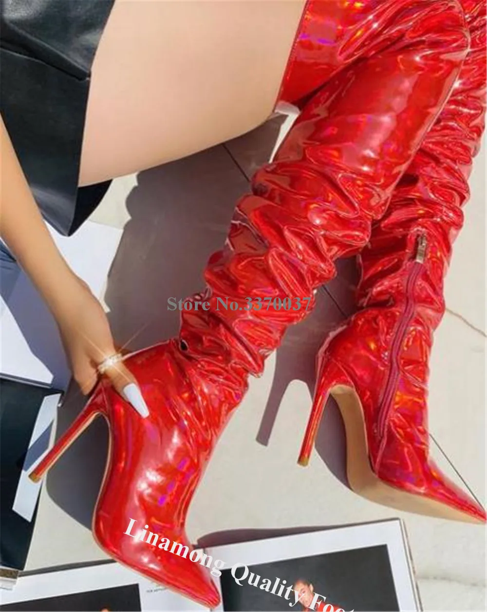 Linamor sepatu bot hak tipis Hologram warna-warni, sepatu bot panjang hak Stiletto ujung lancip berkilau, sepatu bot hak tipis merah muda hitam