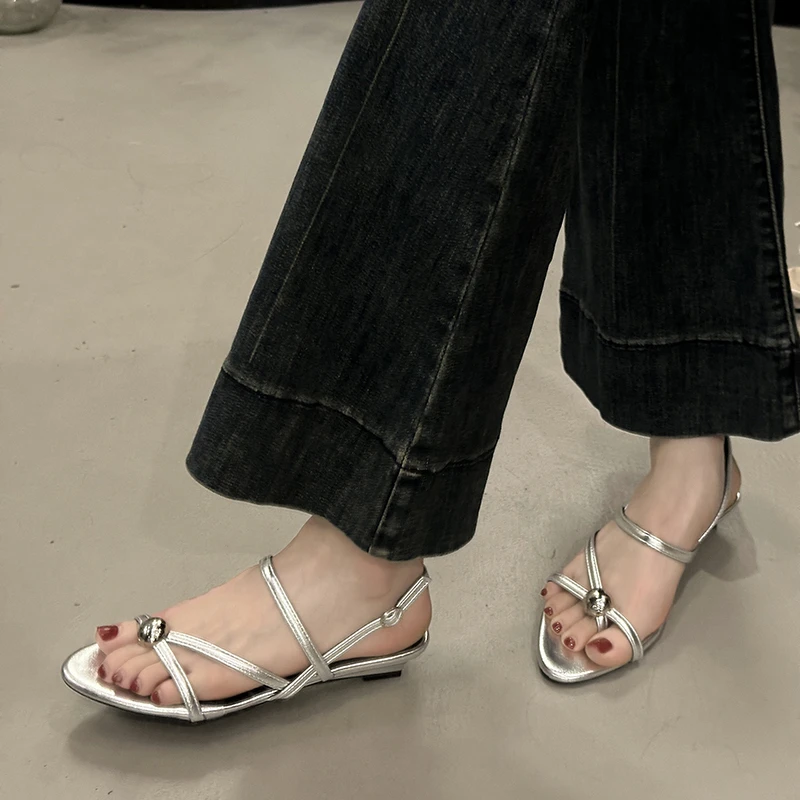 Soft Sole Women's Shoes Outer Wear Clip-Toe Slip-on French Metal Buckle Anti-Slip Wear-Resistant Sandals