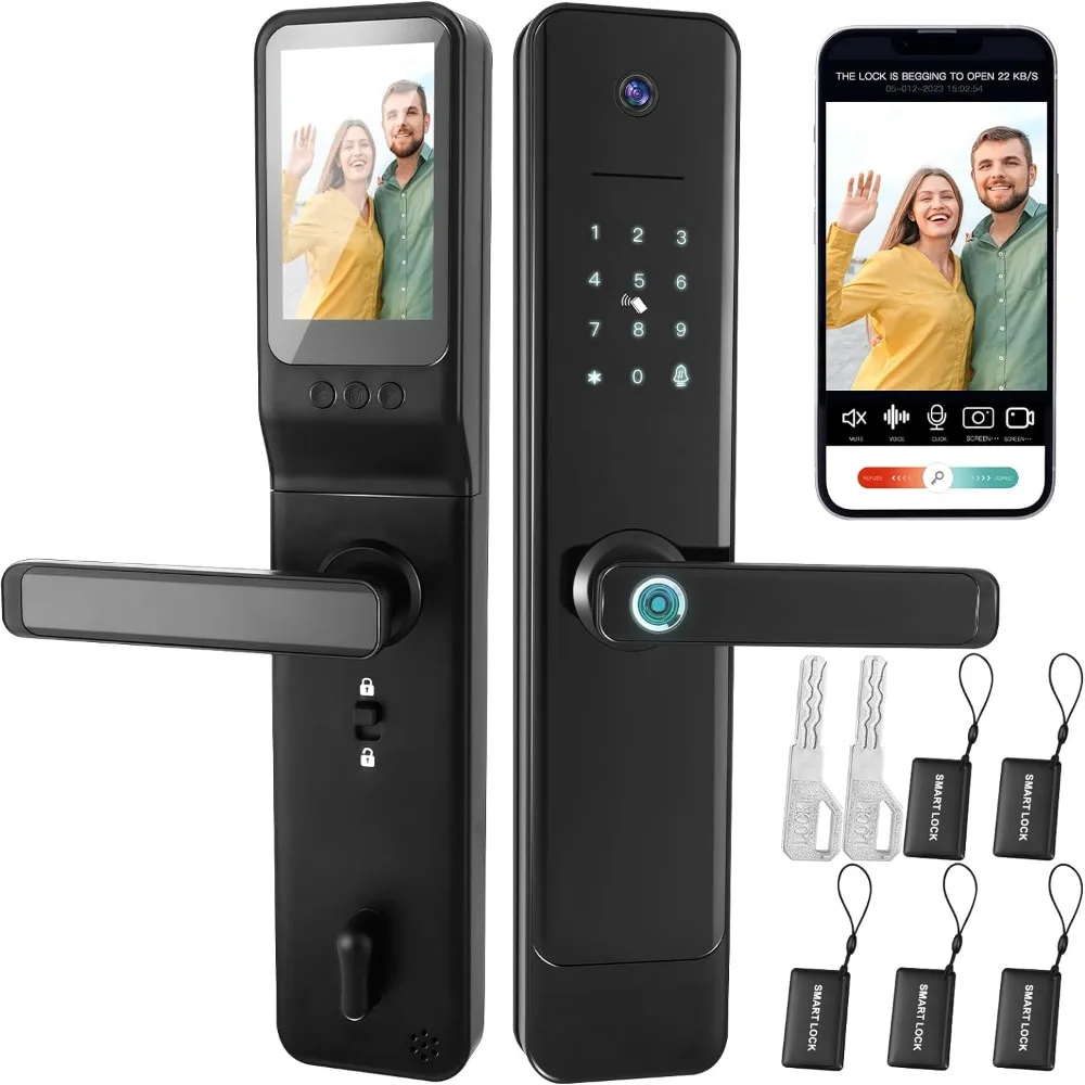 smart door lock com monitor camera wi fi campainha video call bloqueio do teclado impressao digital entrada keyless controle app em 1 01