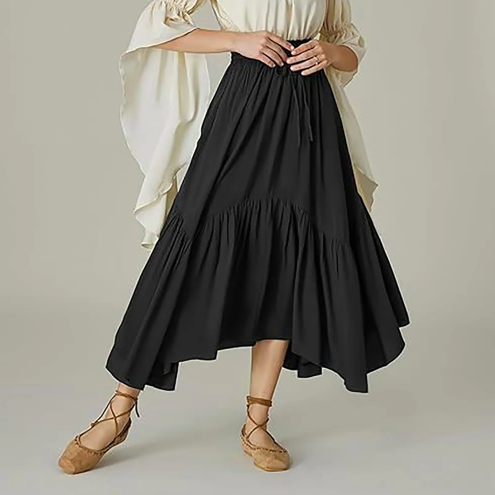 Fashion Skirt Women Vintage Renaissance Swing Skirt Elastic Waist Irregular Hem Flared A-Line Skirt Autumn High Waist Skirts