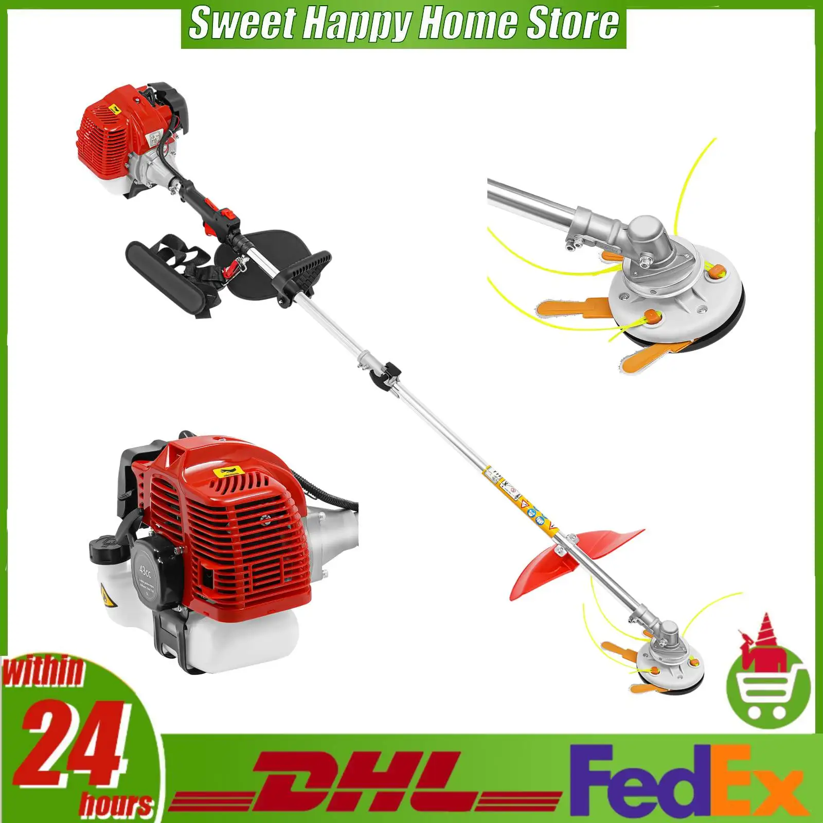 43CC 2-Stroke Gas Powered Grass Trimmer, High Power Weed Wacker Brush Cutter with 2 Cutting Heads, Garden Yard Lawn Edger Trimming Tool