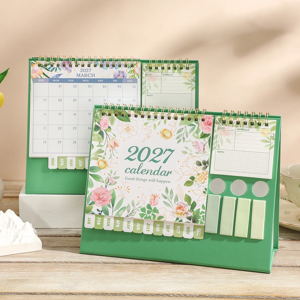 2027 Flower Multifunctional Desk Calendar with Stickers Sticky Notes Pen Holder for Daily Weekly Monthly Organizer Office School