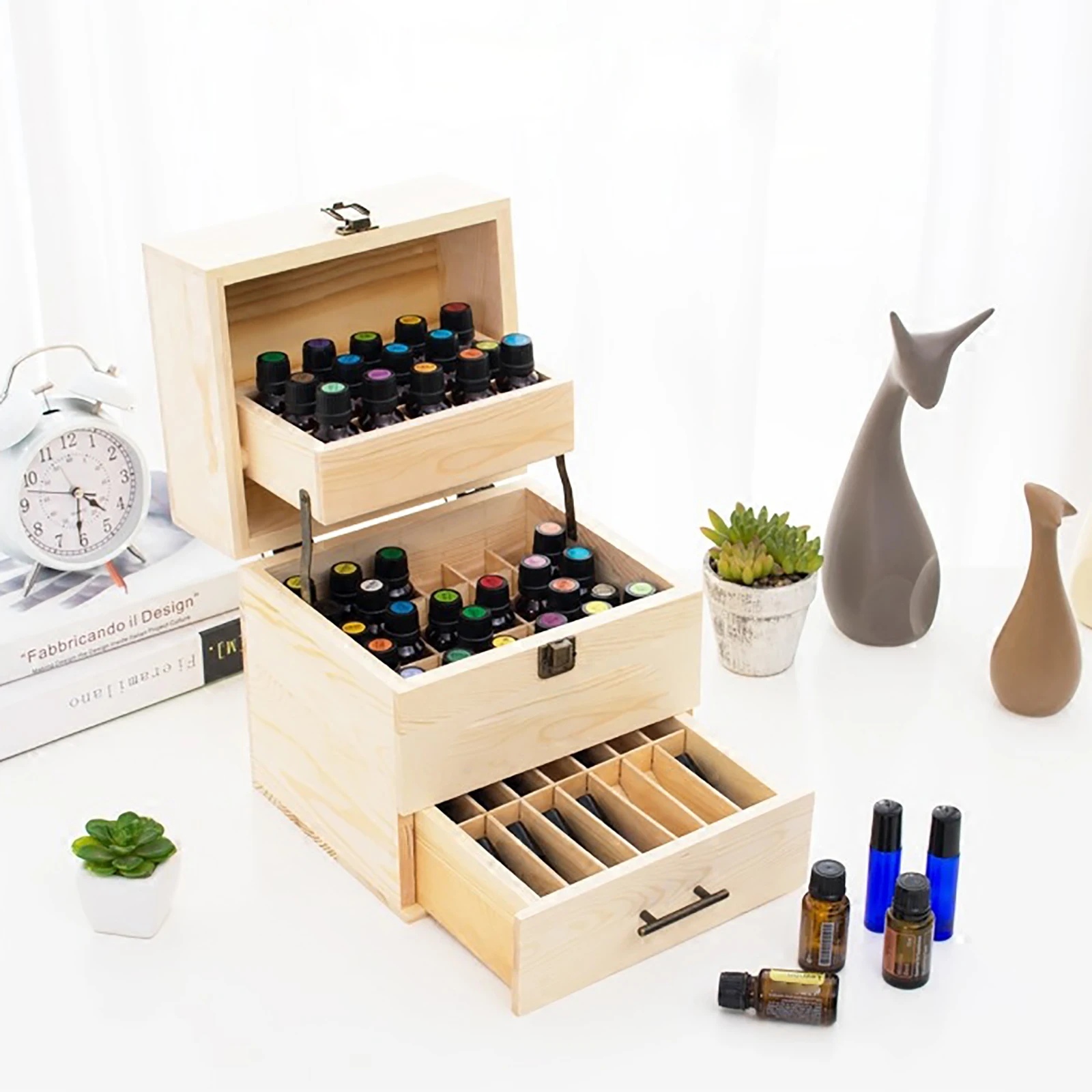 

Essential Oil Storage Box with 59 Slots, 3-Tier Wooden Box Essential Oil Organizer Holds 10/15 ml Bottles, 21.5 x 18.5 x 24.5 cm