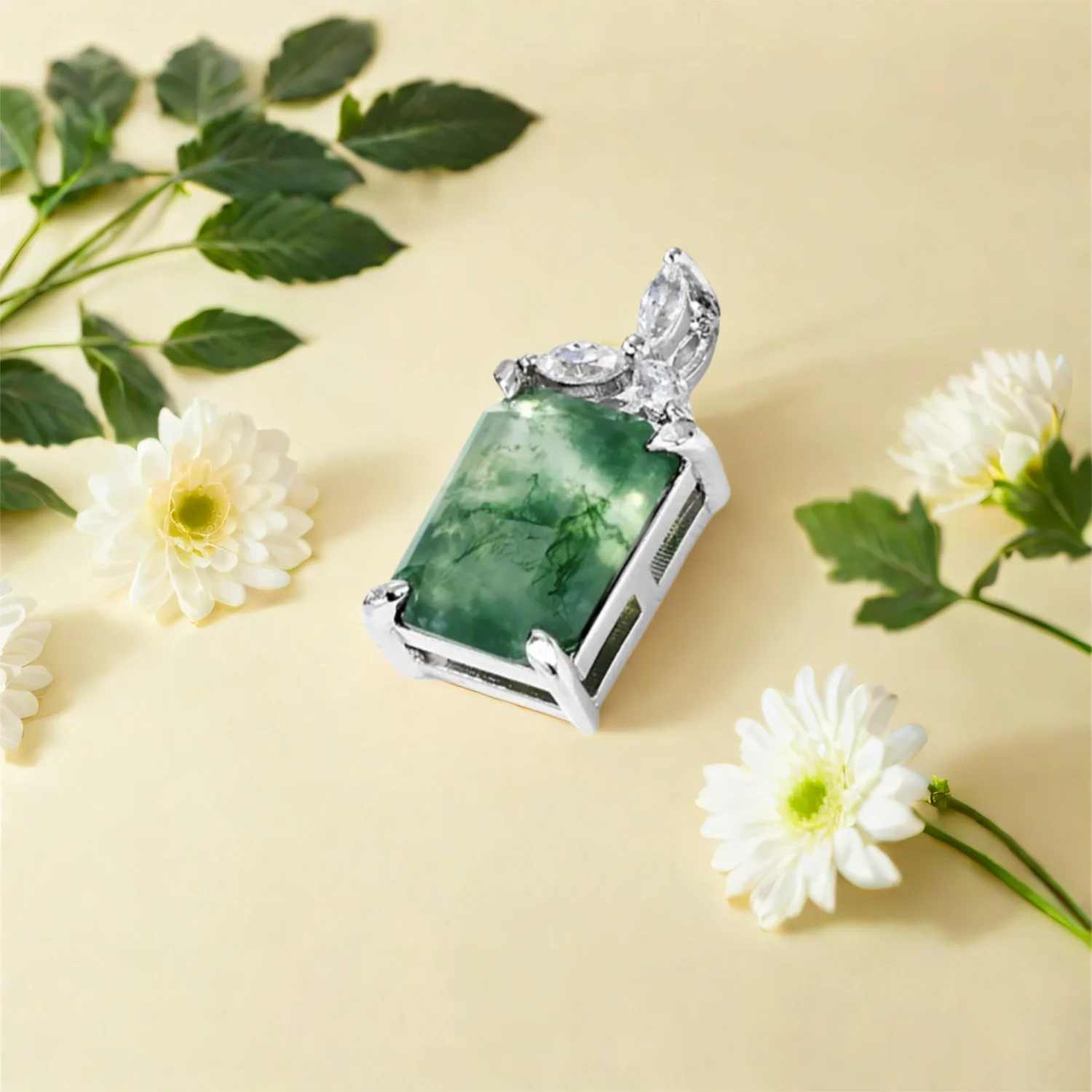 

925 Silver Natural Green Gemstone Pendant Emerald Cut Moss Agate Pendant for Ladies Necklace