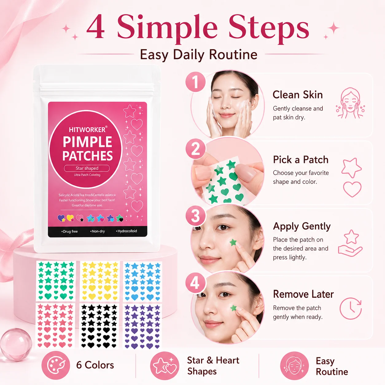 864/432 Hydrogel Star Shaped Love Combination High-Quality Acne Patches, Alcohol-Free, Waterproof, Deep Cleaning Acne Patches