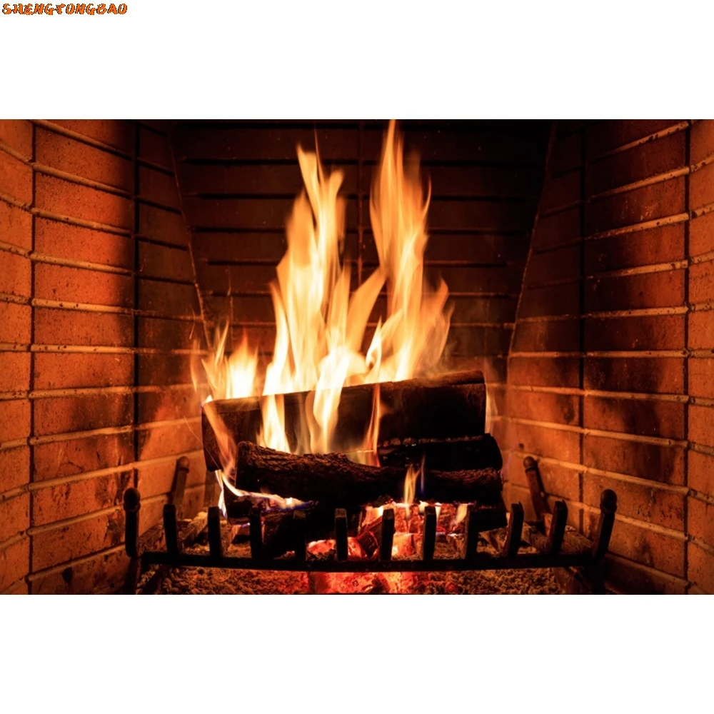 Toile de fond de photographie de cheminée de Noël, feu de joie de flamme brûlante d'hiver, décor de chambre, vintage, brique, poêle, bébé, arrière-plan photo de Noël