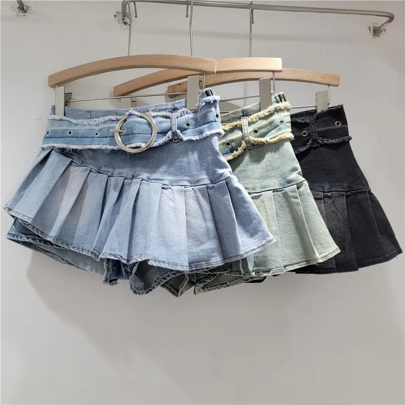 

Модная универсальная плиссированная джинсовая юбка в американском стиле, эластичная женская короткая юбка с высокой талией, новинка весны и лета 2026