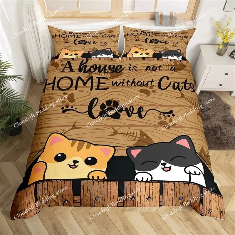 Cat Fitted Sheet and pillowcases, cartoon Bedding Set Small Double Size, Bed 3 Piece Bedding Decor Set For Teens Boys Girls