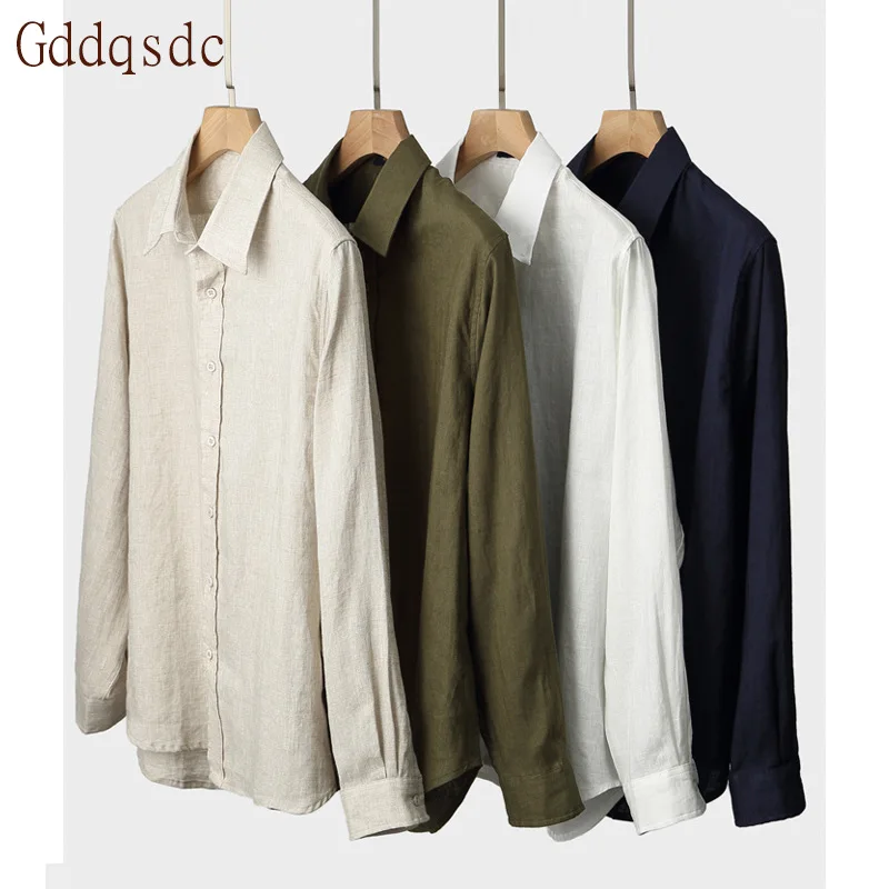 Men's Shirt Men's Long Sleeve Summer Light Luxury White 100% Pure Linen Shirt