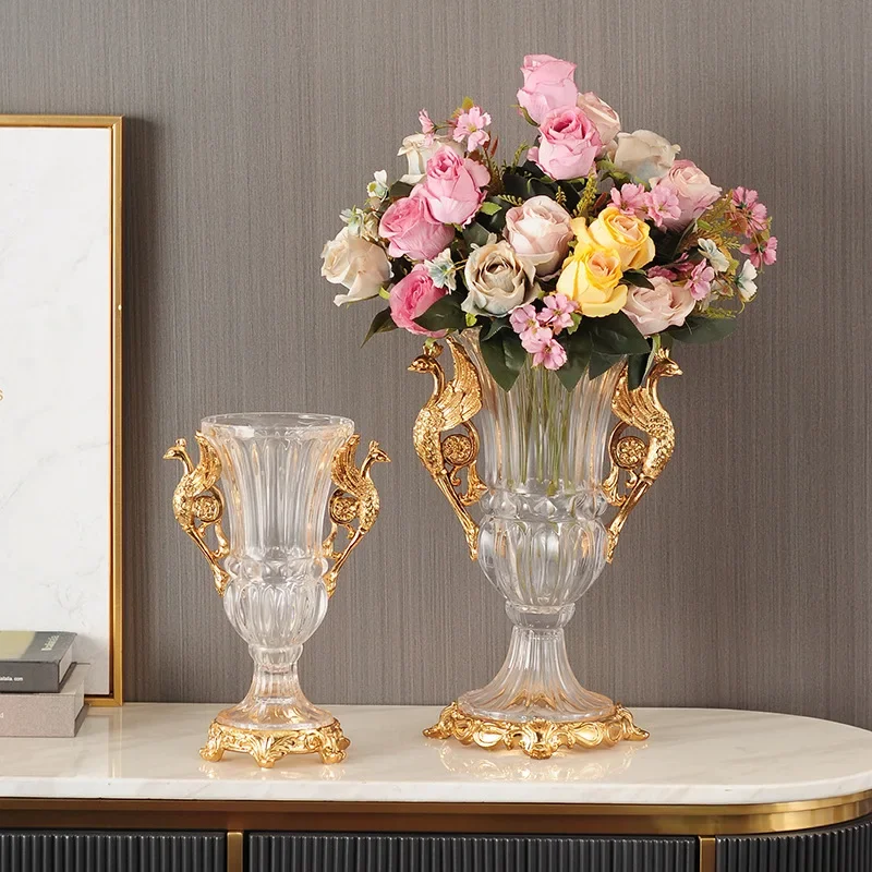 European crystal glass vase peacock flower insert home soft decoration jewelry American high-end living room entrance ornament