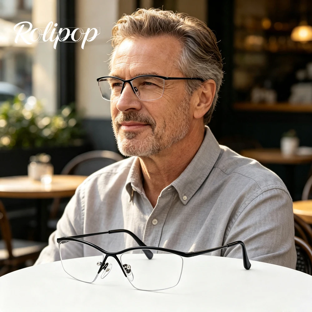 Rolipp Half Rim Metal Reading Glasses For Men Classic Business Presbyopic Eyeglasses Ultralight Office Anti Blue Light Eyewear