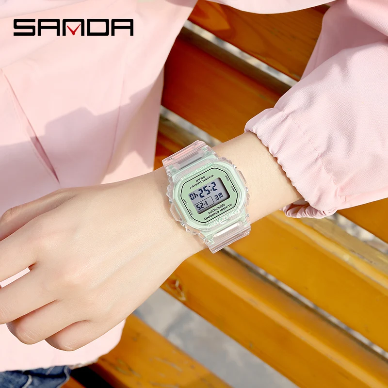 Sanda Cross border Hot selling Square Transparent Watch Band Electronic Watch Multi functional Night Light Waterproof Outdoor