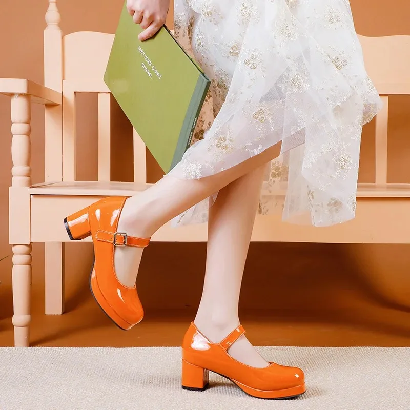 

Patent Leather Shoes Spring Autumn Mary Jane Shoes Women's Buckle Strap High Heels Retro Platform Lolita Shoes Woman Red Black