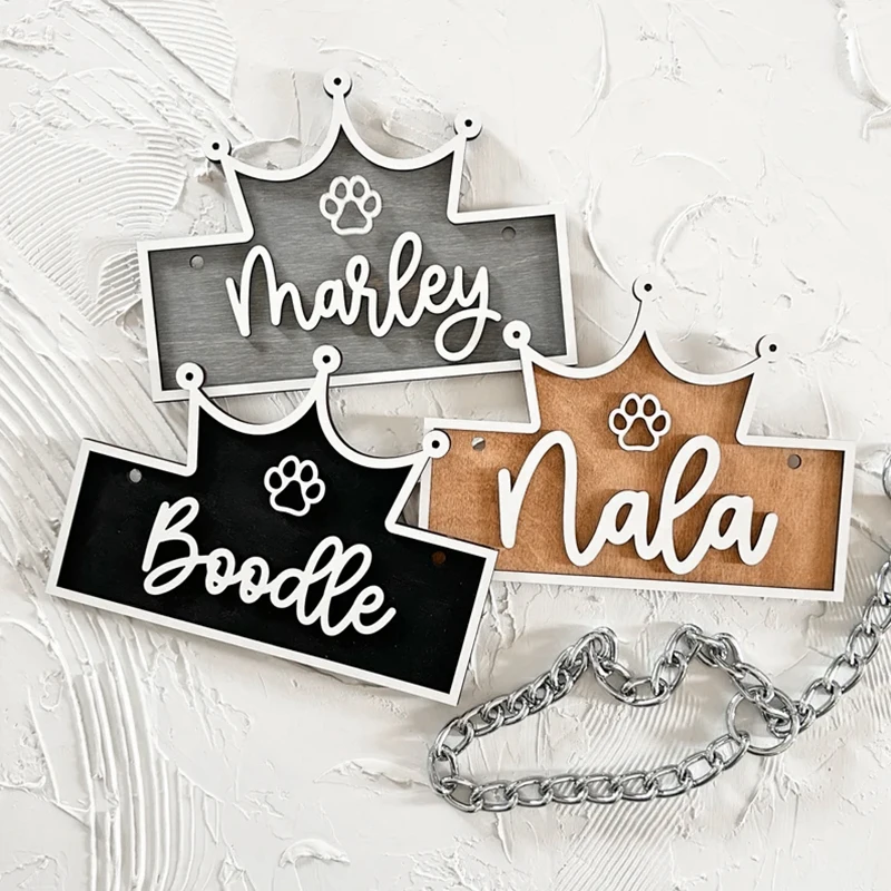 Custom Crown‑Shaped Pet Name Wooden Sign, Personalized 3D Paw Print Dog Crate Plaque, Name Tag for Kennel Decor Pet Owner Gift